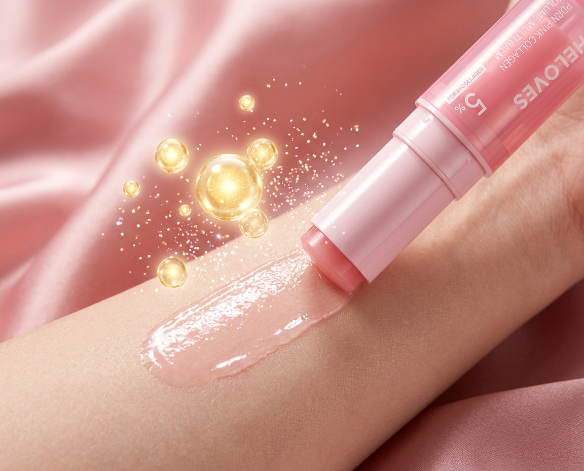 Balm swatch on skin with glowing collagen spheres on pink satin