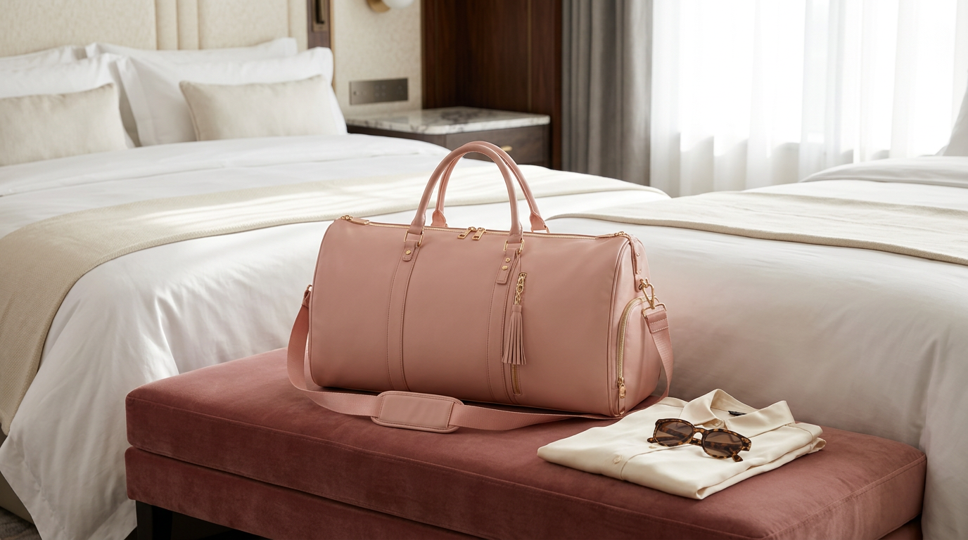 The blush pink duffle resting on a velvet bench at the foot of a hotel bed in soft morning light