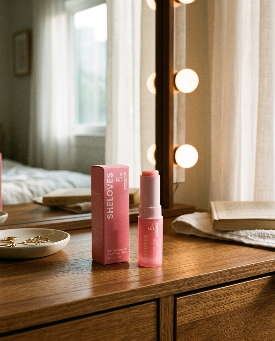 Collagen Plumping Balm on a bedroom dresser