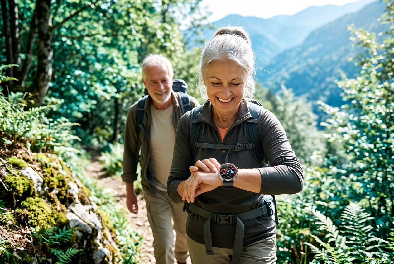 Active couple hiking while checking the VitalityWatch