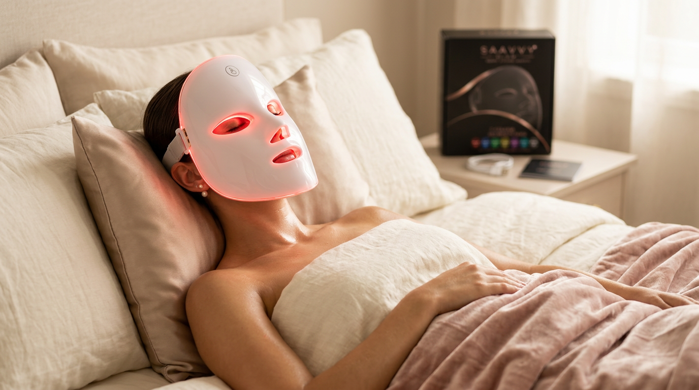 Woman relaxing on cream linen wearing a softly glowing SAAVVY GLOW LED beauty mask