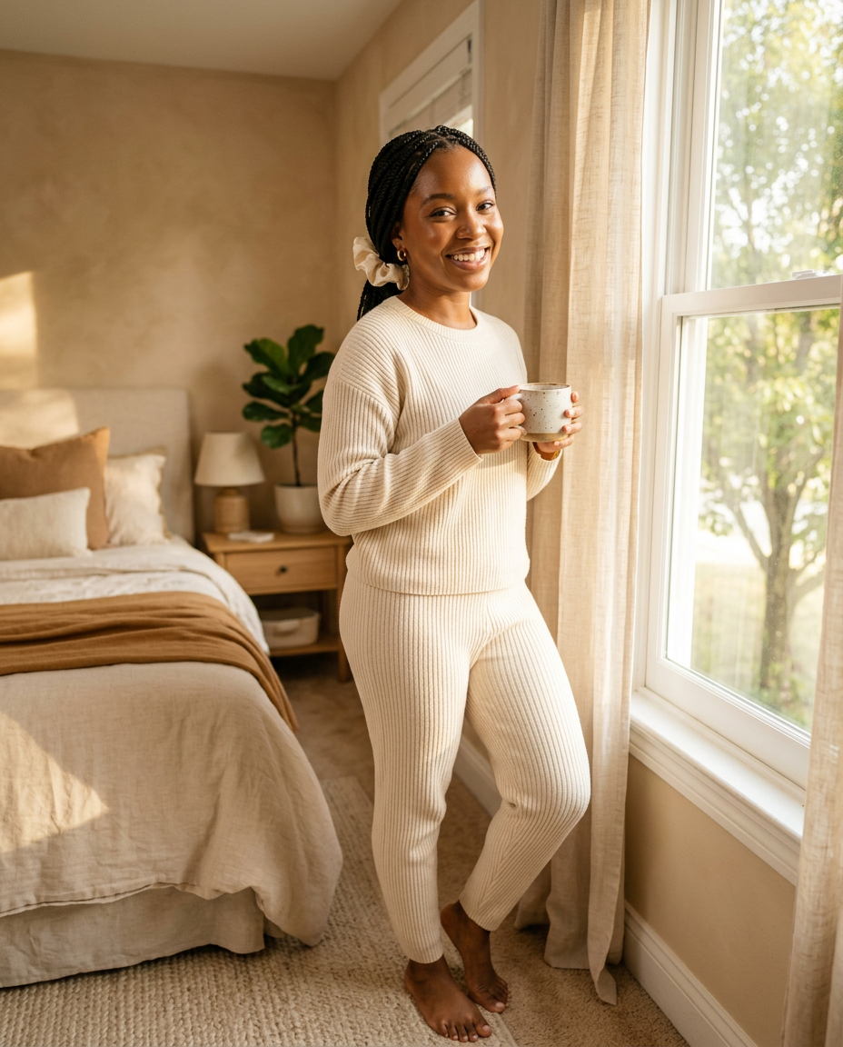 Smiling Black woman with fresh, neat knotless braids in warm morning light