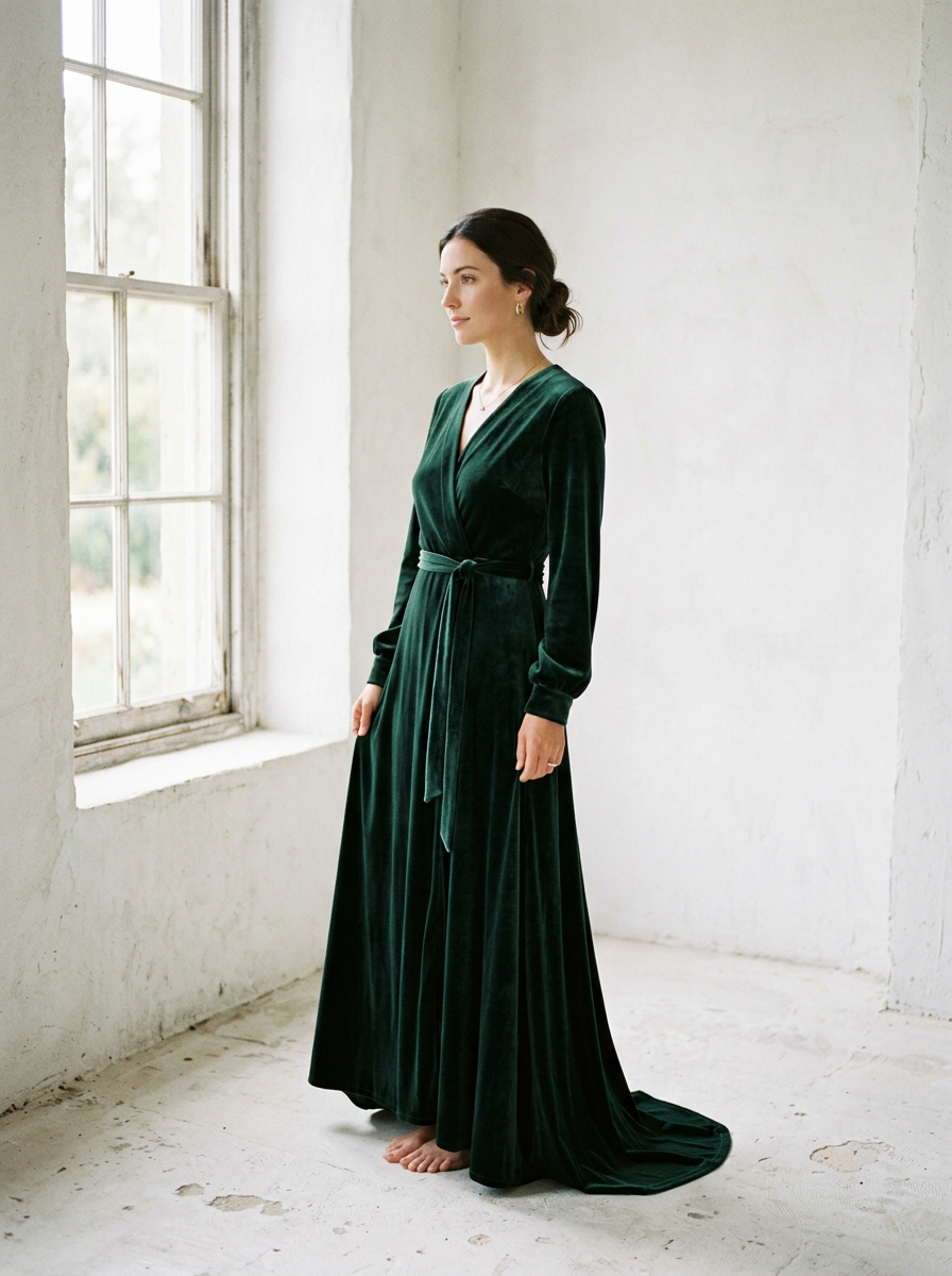 Woman in a flowing velvet dress in a bright plaster studio