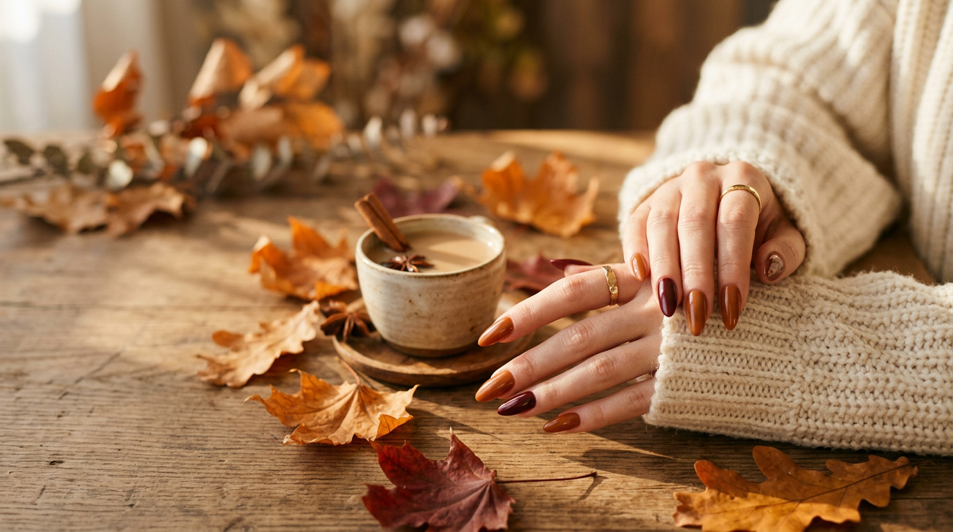 Handen met glanzende karamel- en bordeauxkleurige polygel nagels naast een kop chai en herfstbladeren