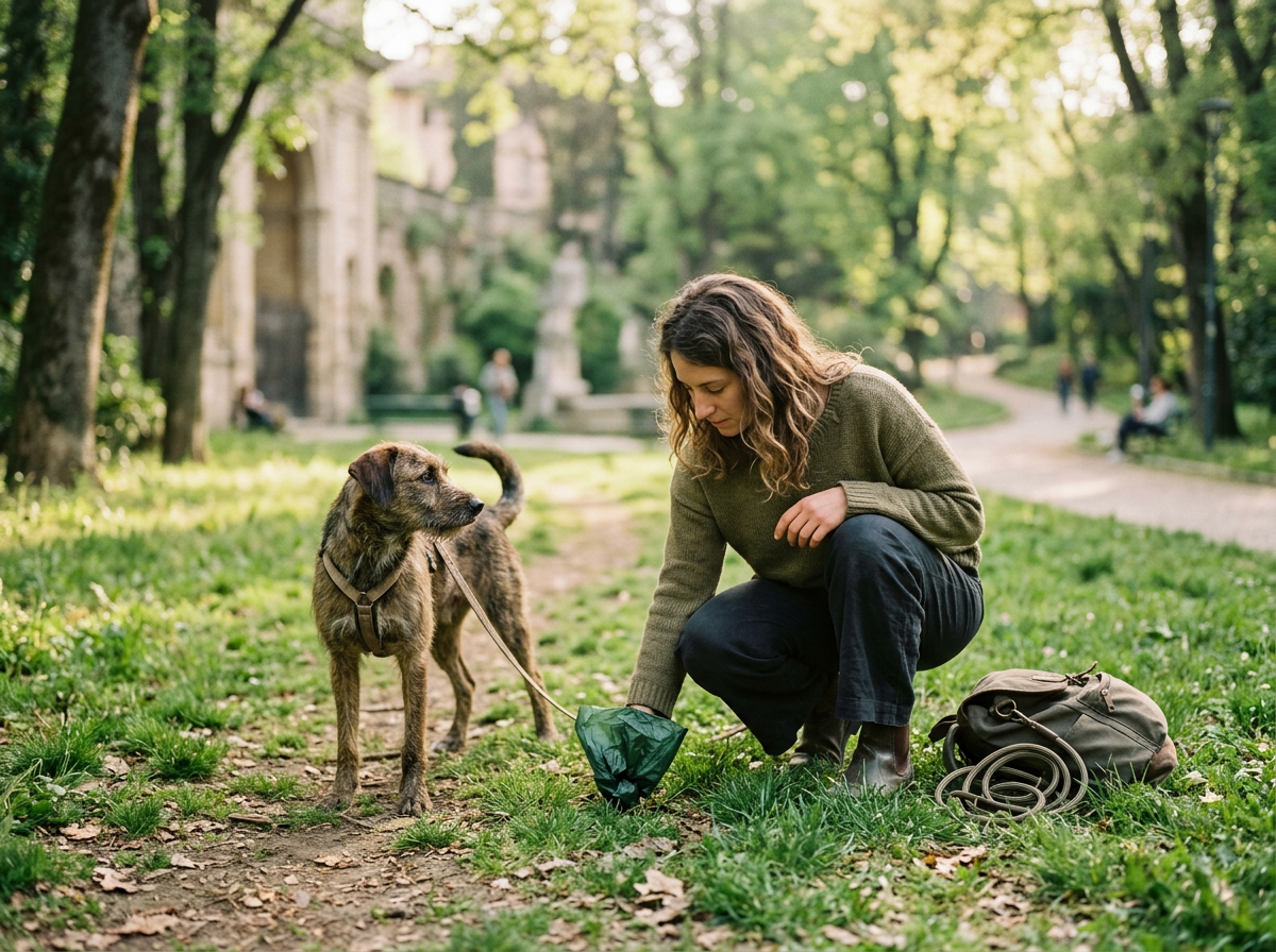 Padrone che raccoglie i bisogni del cane al parco