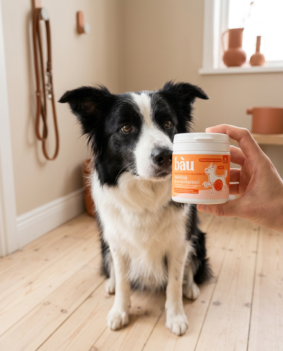 Border collie che annusa il barattolo di Mobilità e Articolazioni Bàu tenuto accanto al suo muso