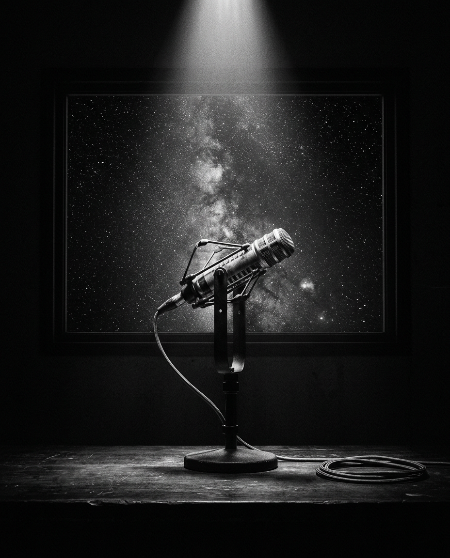 A broadcast microphone in a dark studio under a beam of light, with the Milky Way in the window behind it