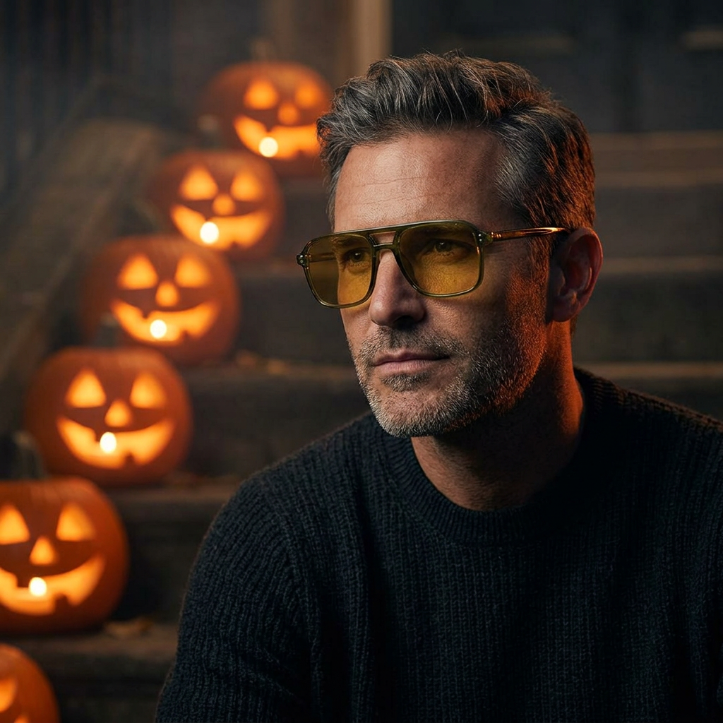 Man with salt-and-pepper hair wearing VZN St Barts Safari sunglasses on a misty autumn night, glowing jack-o'-lanterns behind him
