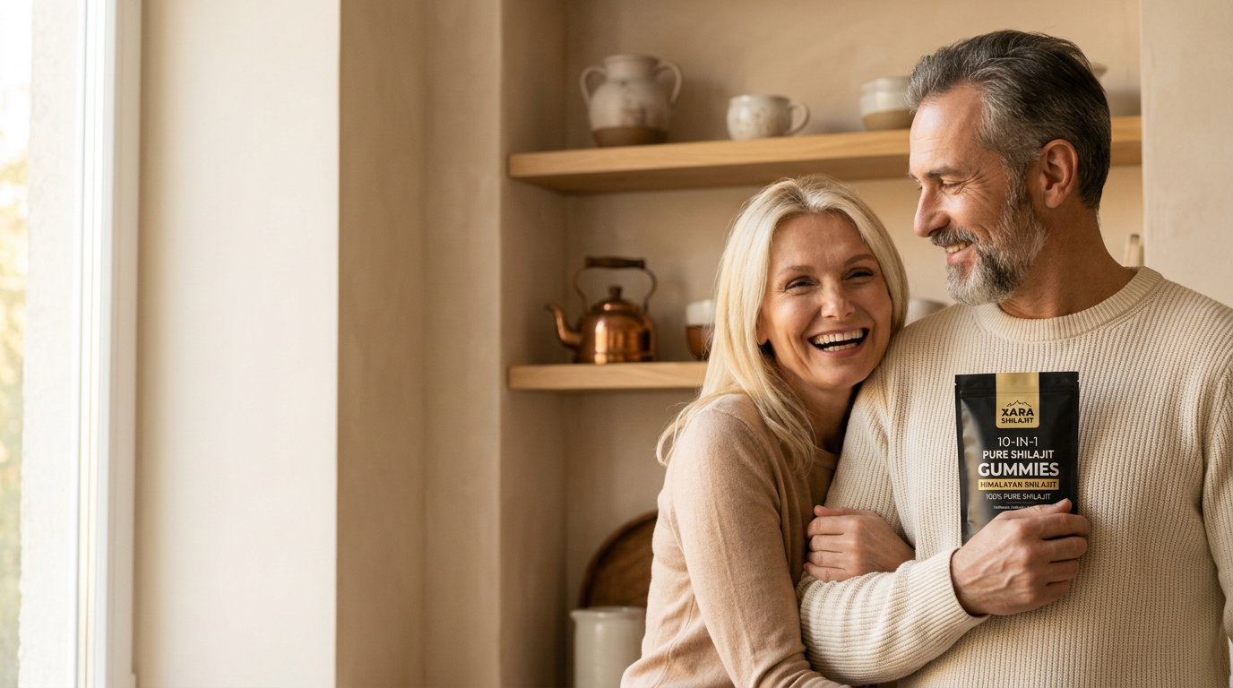 Smiling couple in their 50s in a sunlit kitchen, the man holding a pouch of XARA 10-in-1 Pure Shilajit Gummies