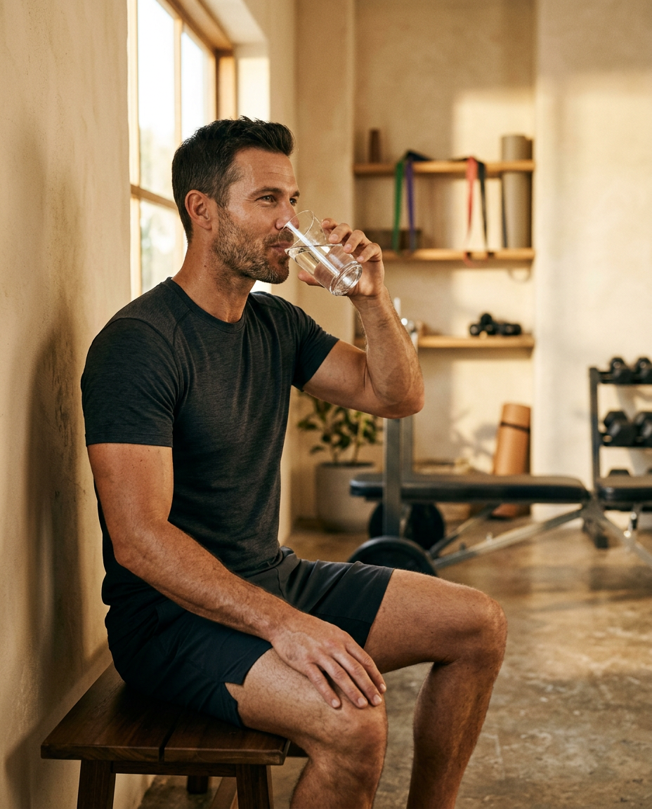 Man drinking a glass of water after a morning workout