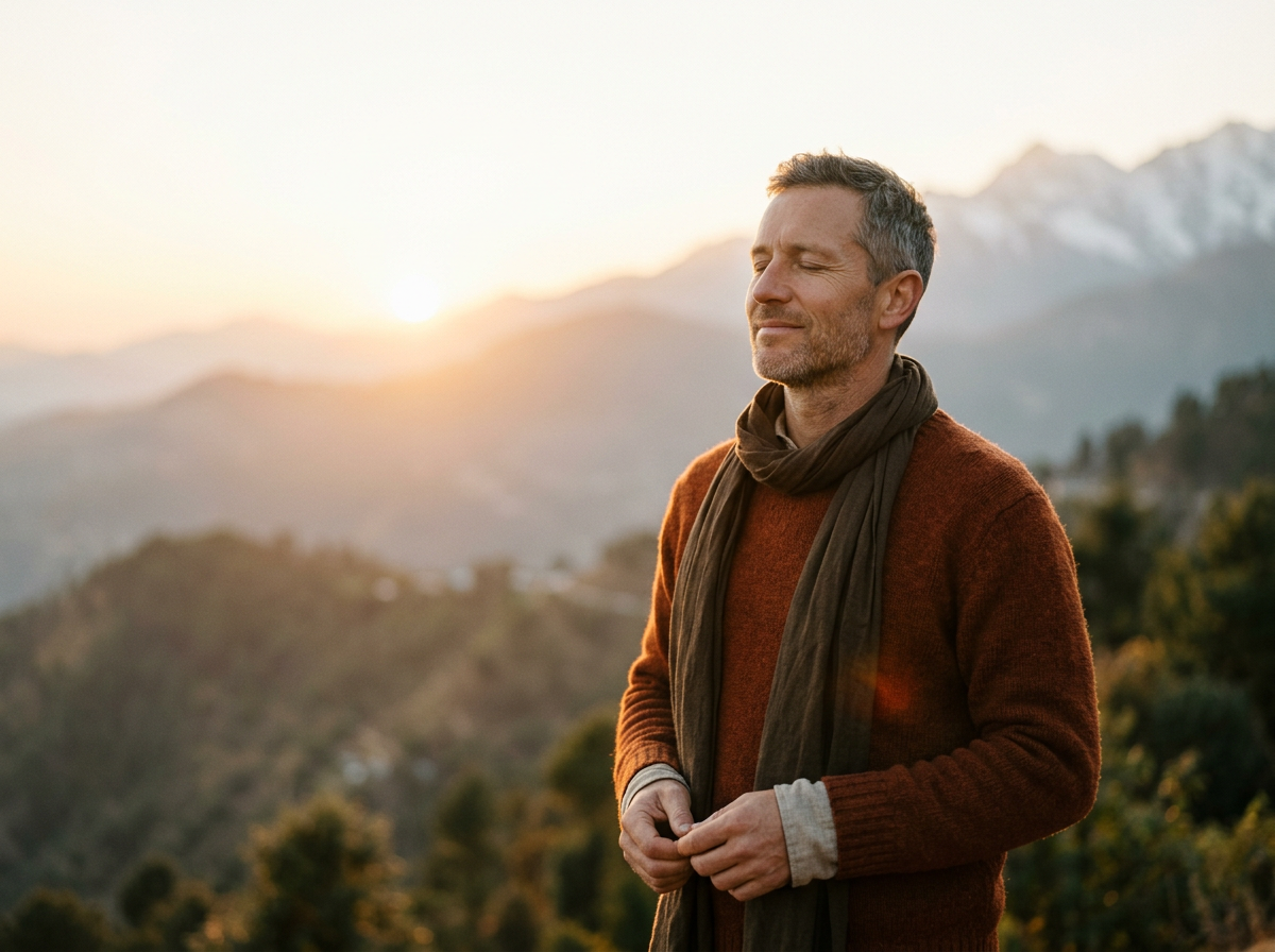 Man with eyes closed in golden-hour sunlight in the Himalayan foothills