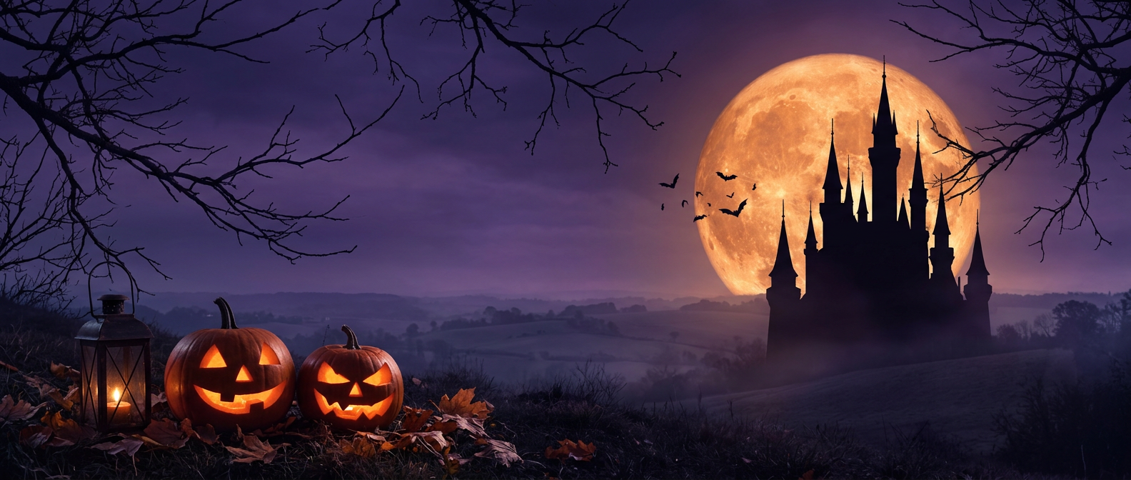 Glowing jack-o'-lanterns and a lantern on a hill beneath a gothic castle silhouetted against a huge orange Halloween moon