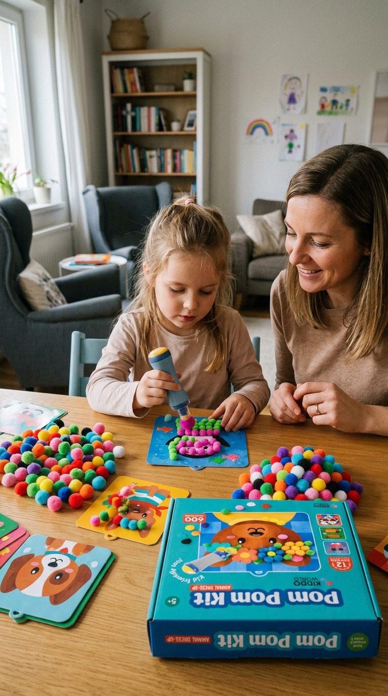 Kislány az anyukájával a Pom Pom Master eszközzel rózsaszín pompont nyom az állatos kártyára