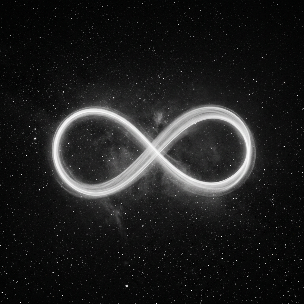 A black-and-white star field with a single trail of light tracing an infinity loop across deep space