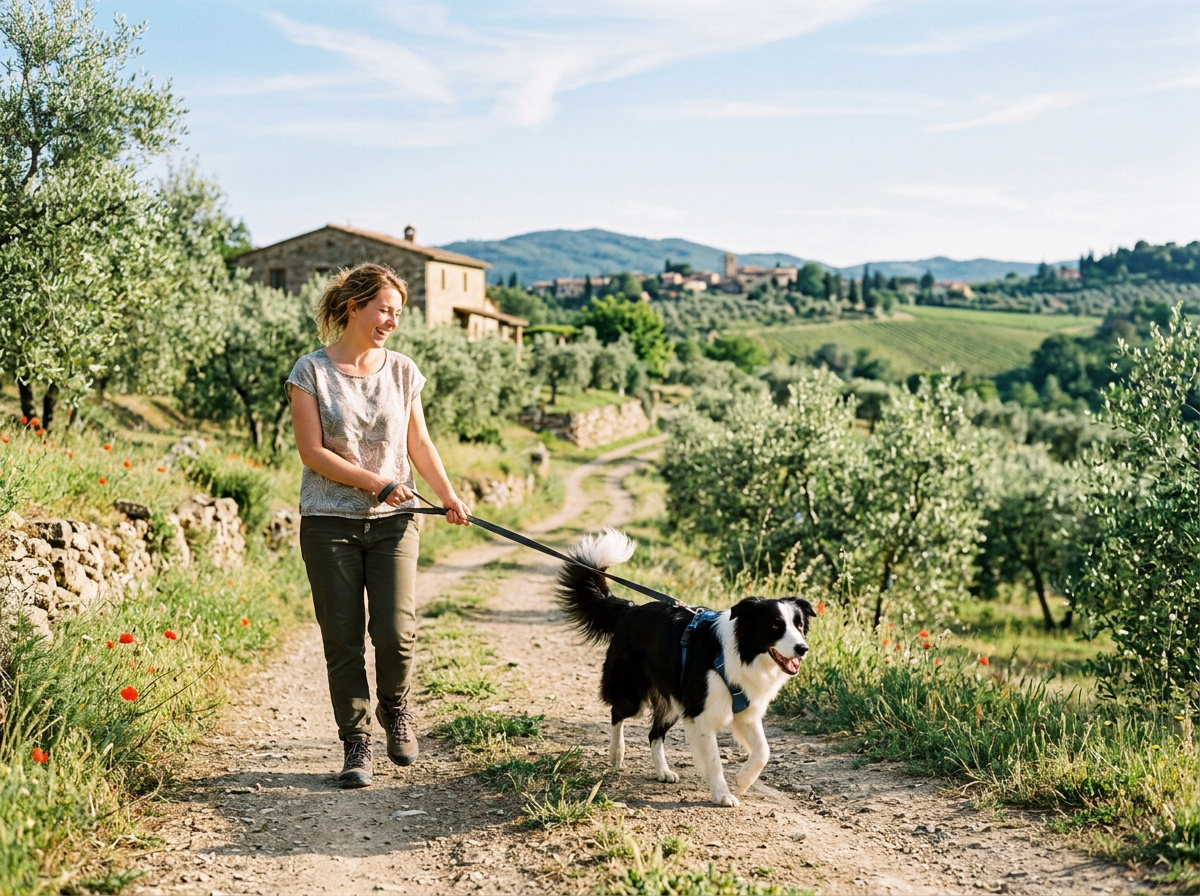 Border collie sereno a passeggio con il padrone tra gli ulivi