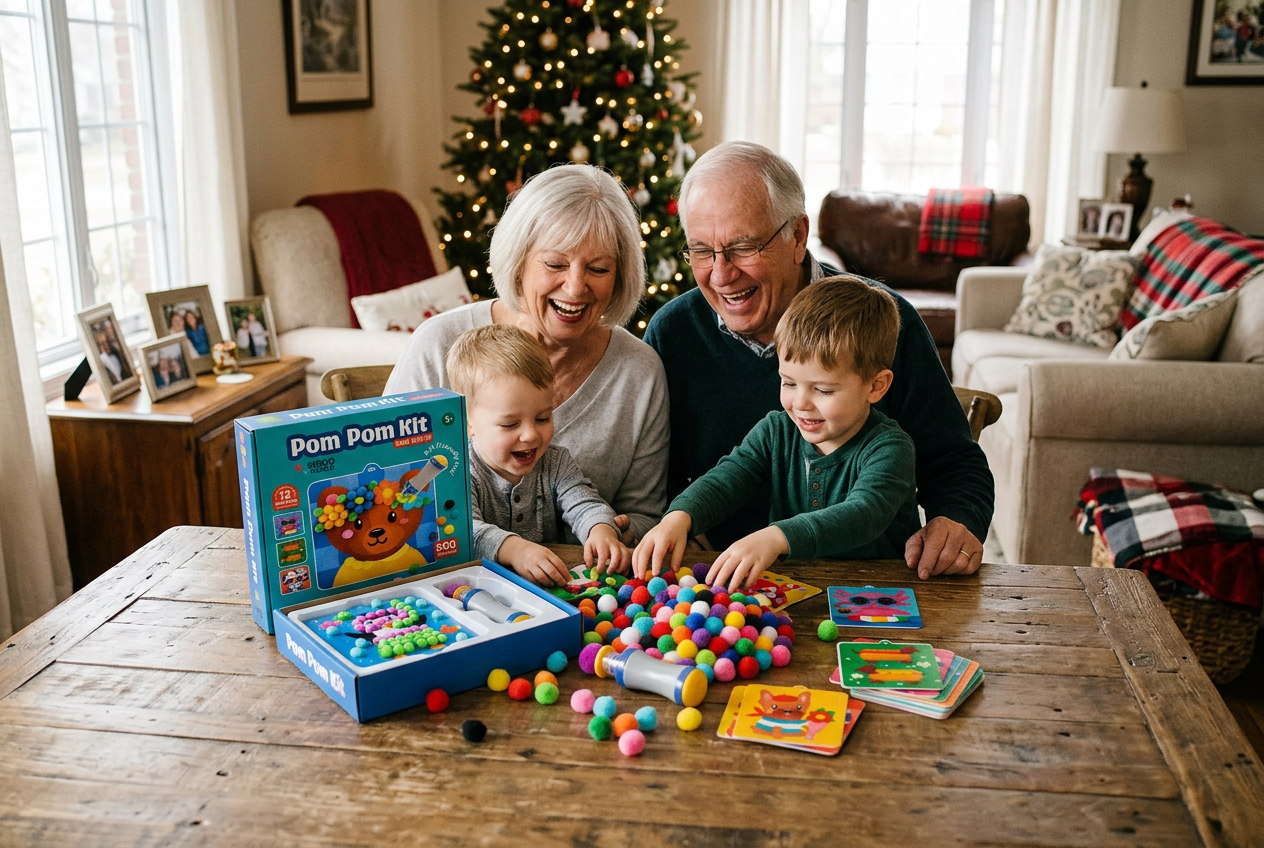 Nevető nagymama és nagypapa, miközben az unokák kibontják a Pom Pom Kit készletet