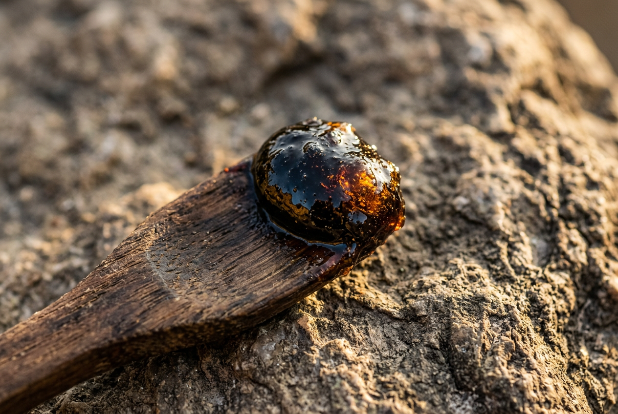 Glossy Himalayan shilajit resin on a wooden spatula