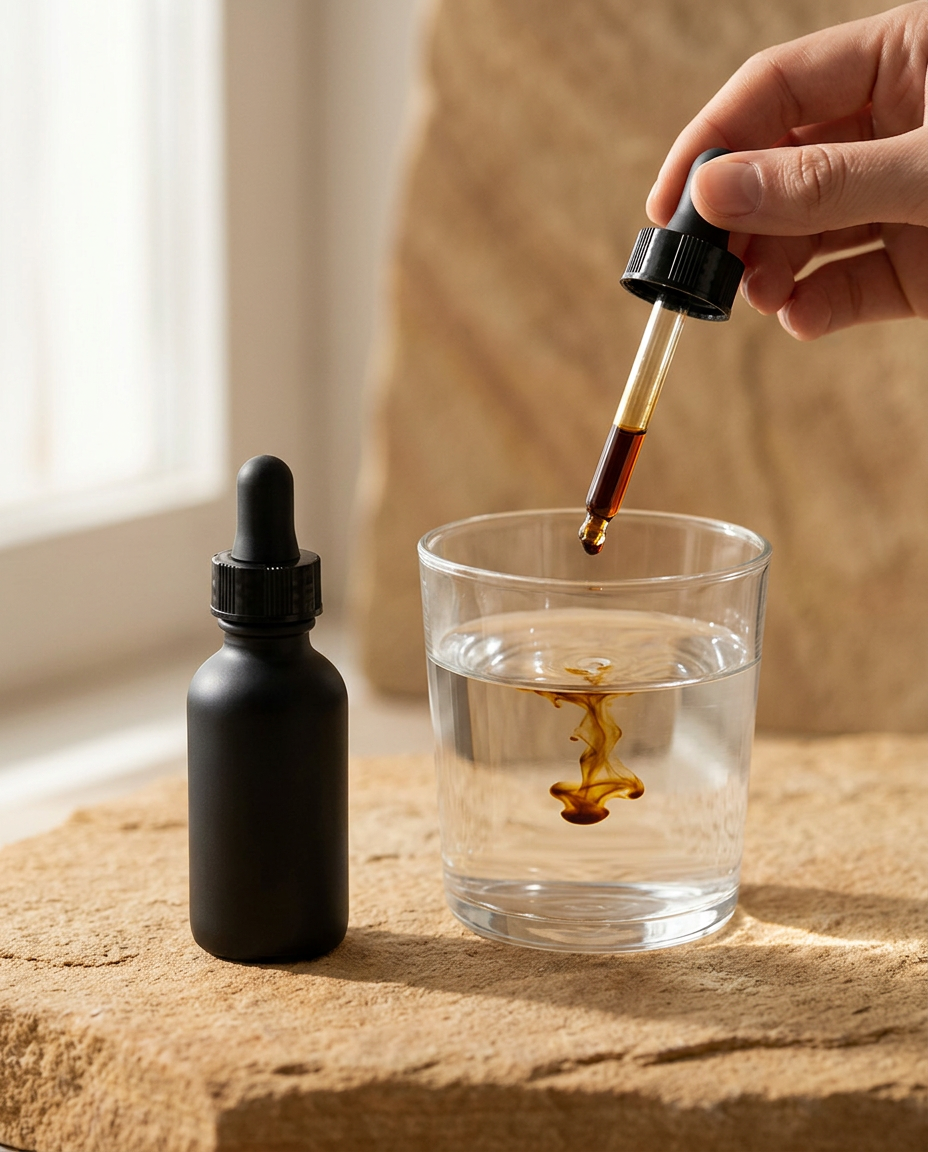 Xara Shilajit dropper releasing a drop into a glass of water