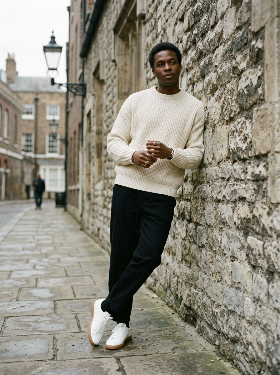 Man in a cream knit and black trousers leaning on a stone wall
