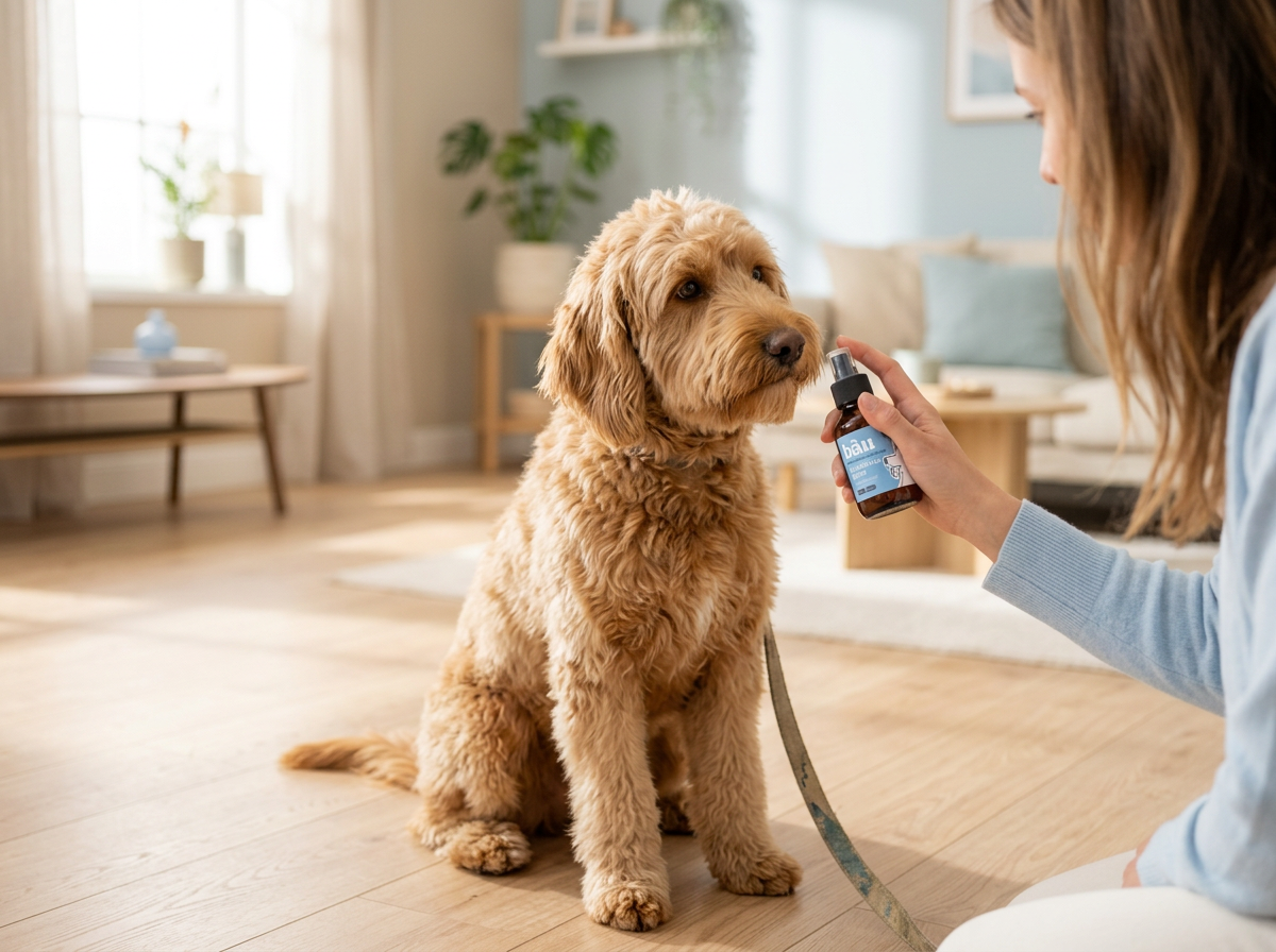 Cane seduto tranquillo in salotto mentre la padrona gli mostra il Dentifricio Spray Bàu