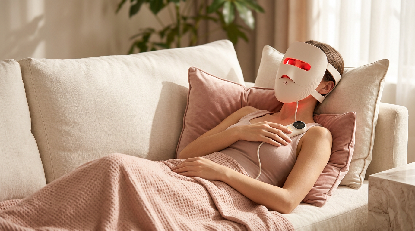 Woman relaxing on a sofa wearing the Nelvaria LED light therapy mask