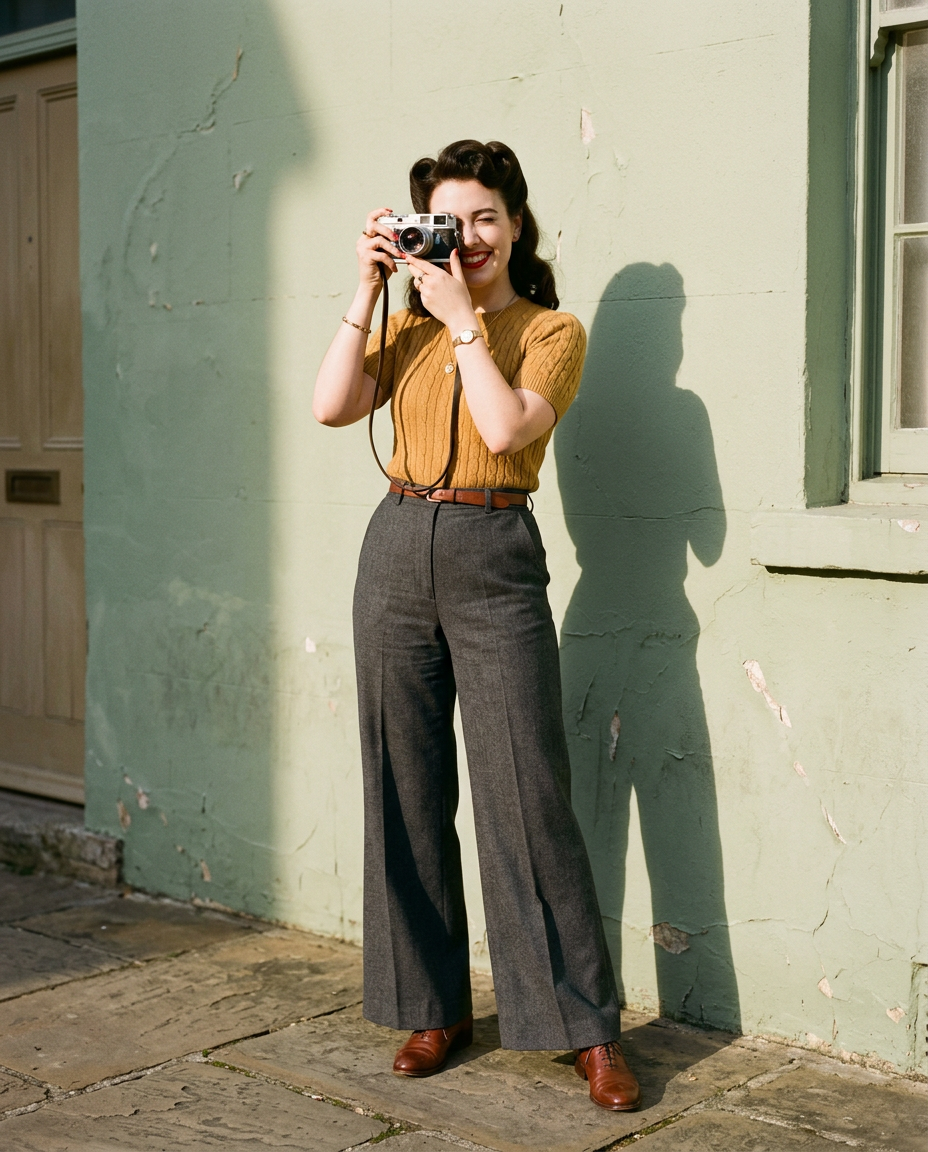 Woman in 1940s-inspired outfit shooting with a vintage film camera against a sage wall