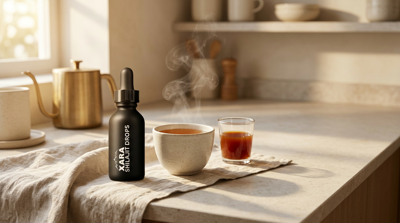Xara Shilajit drops beside a cup of tea on a stone counter