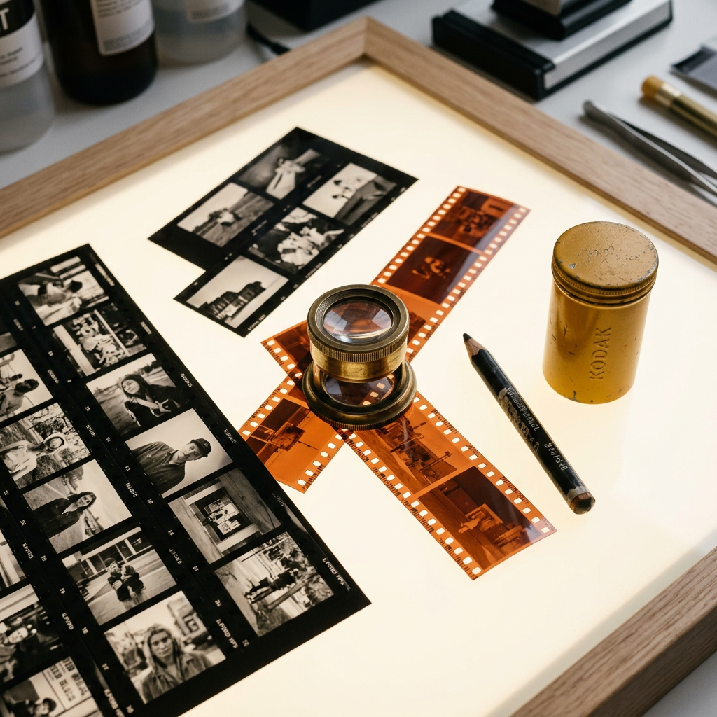 Negatives and a brass loupe on a glowing light table