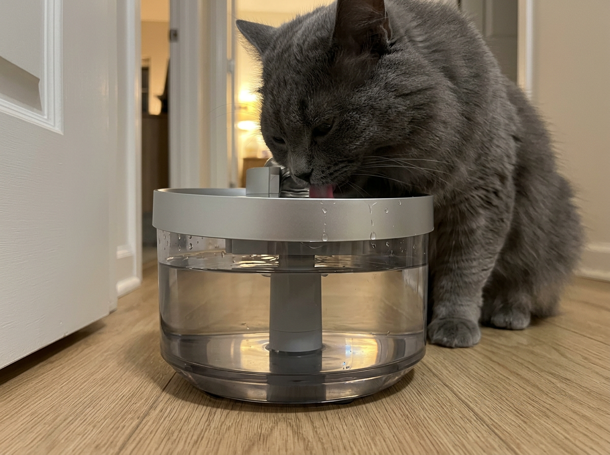 Customer photo: a gray cat lapping fresh water from the cordless Meowsy fountain in a hallway, its clear tank full of water