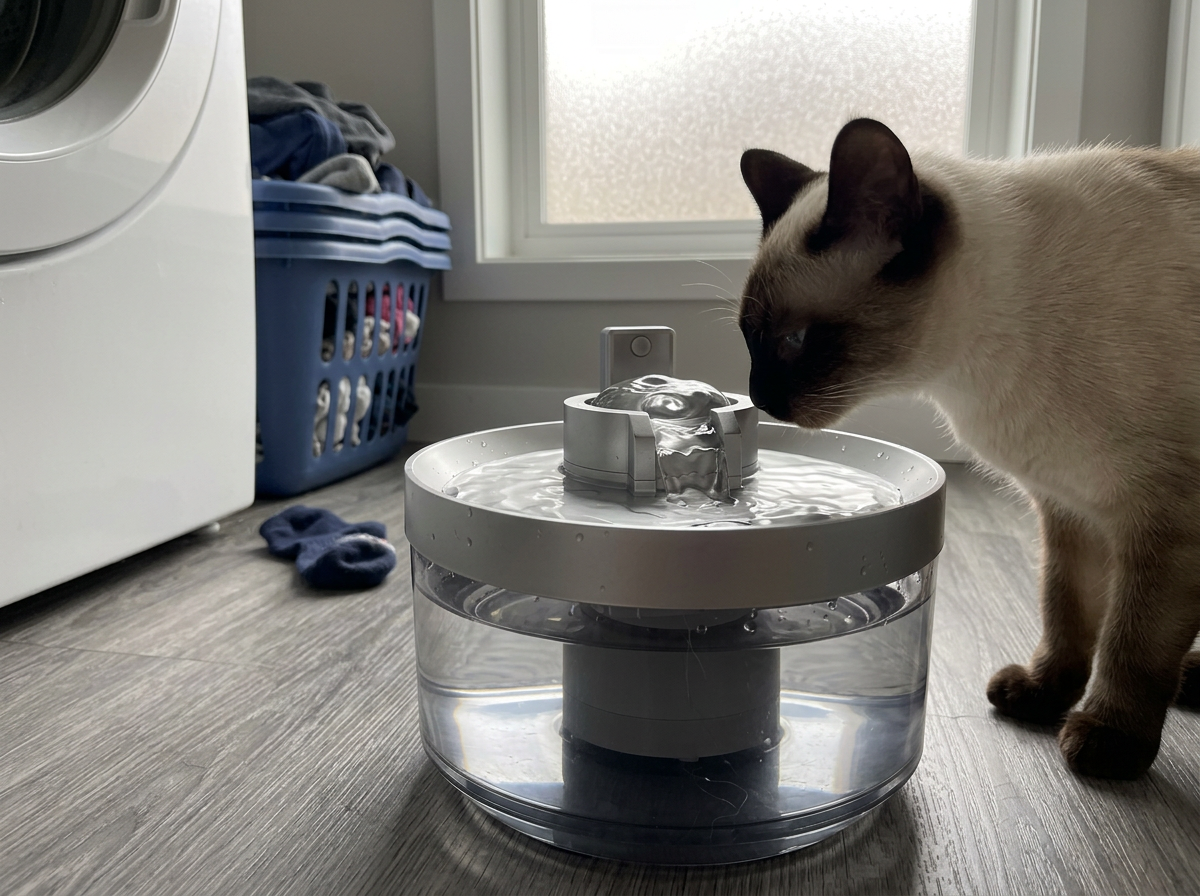 Customer photo: a Siamese cat sniffing the fresh flowing water of the Meowsy fountain in a laundry room
