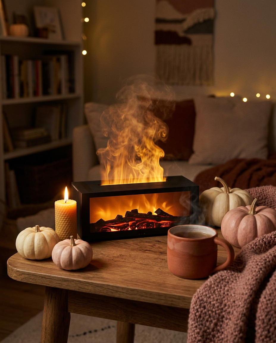 Flame effect diffuser on a wooden side table with blush pumpkins, a candle and a knit blanket