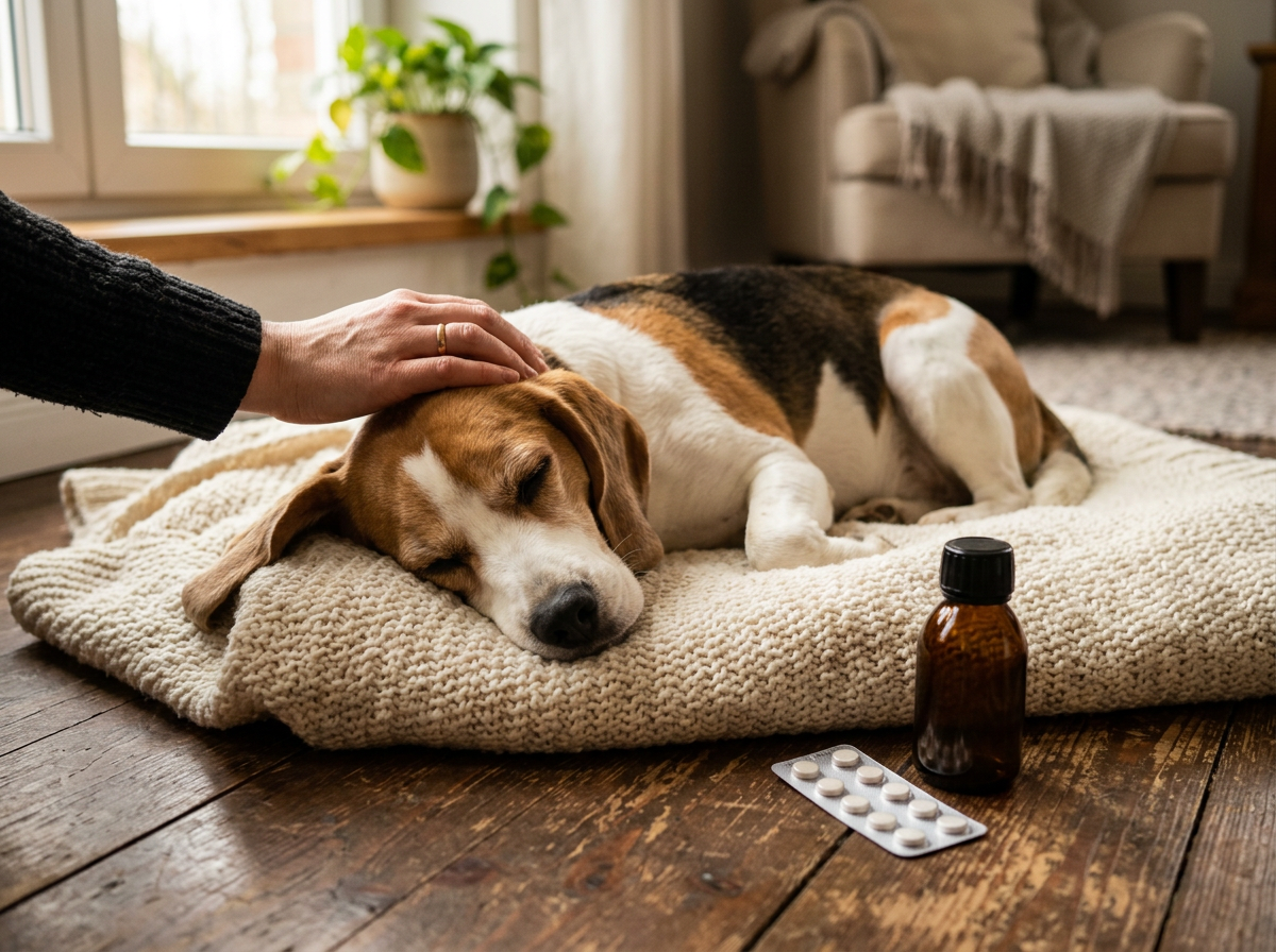 Beagle a riposo su una coperta accanto ai farmaci della terapia
