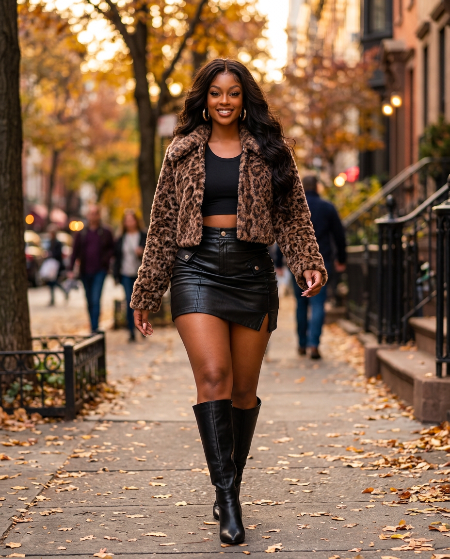 Woman walking down an autumn city street in a leopard faux fur cropped jacket and black mini skirt