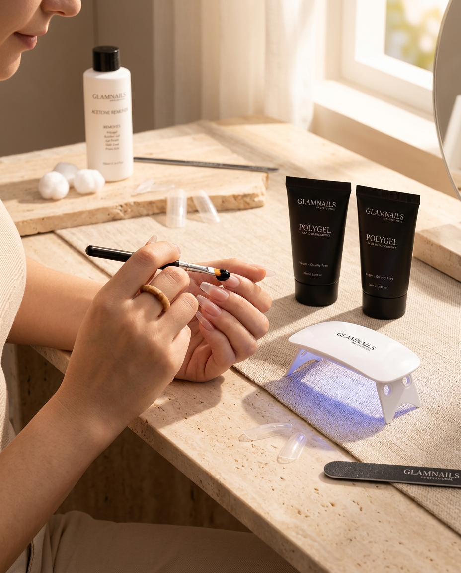 Vrouw brengt thuis polygel aan met de Glamnails starterset en mini UV-lamp