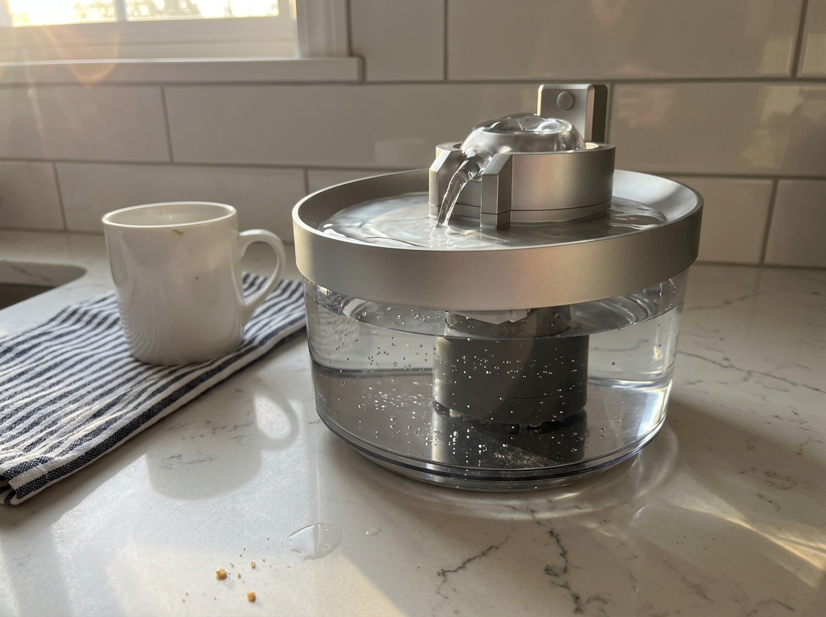 Customer photo: the cordless Meowsy fountain full of fresh flowing water on a kitchen counter with no cord in sight
