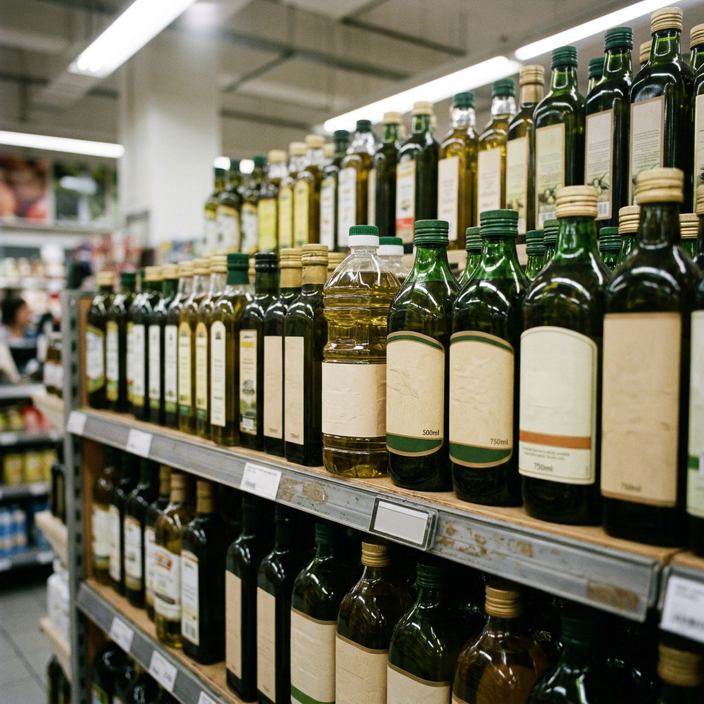 Supermarktschap met flessen olijfolie