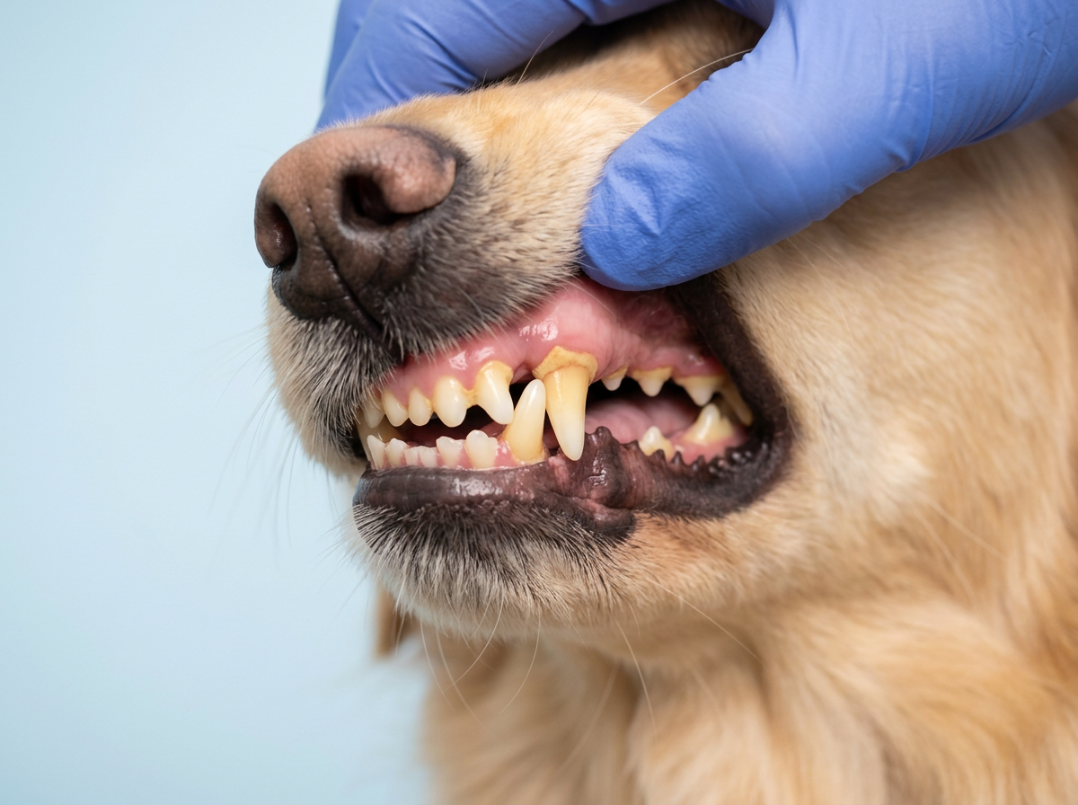 Fase 2: denti del cane ingialliti con una linea di tartaro alla base