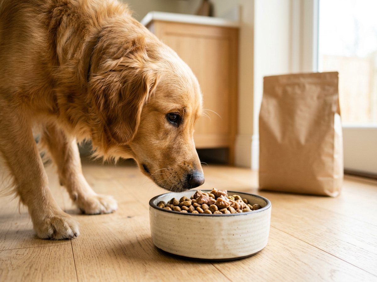 Golden retriever che annusa una nuova ciotola di cibo