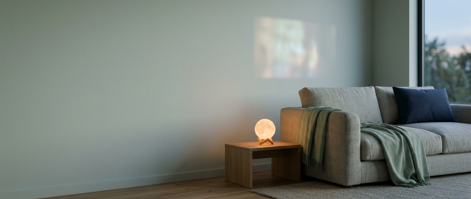 Calm living room at dusk lit by a soft moon lamp