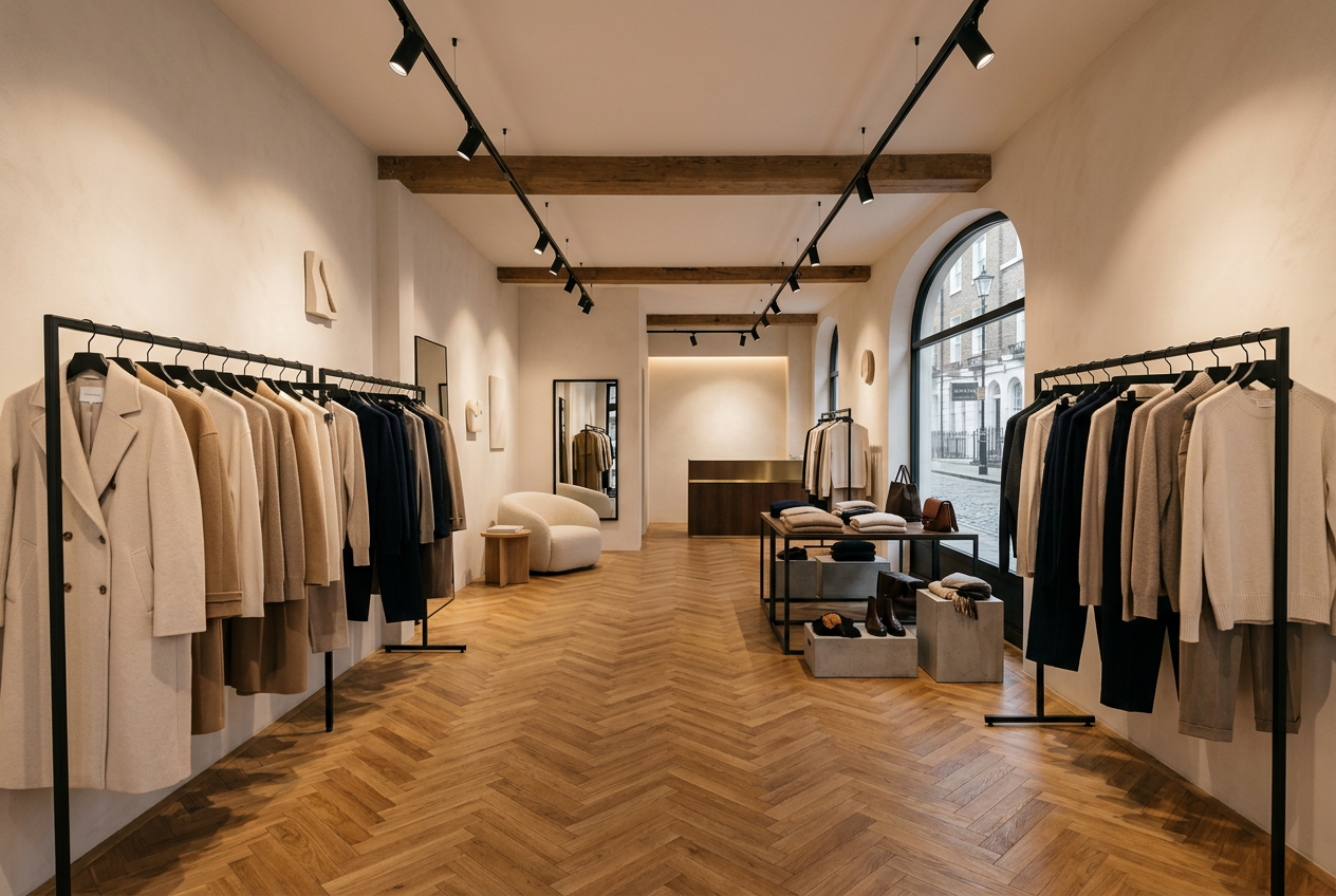 Minimal boutique interior with oak floors and rails of neutral coats