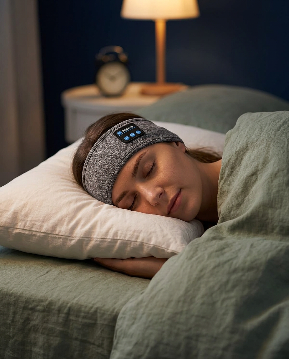 Woman sleeping peacefully on her side wearing the grey sleep headband