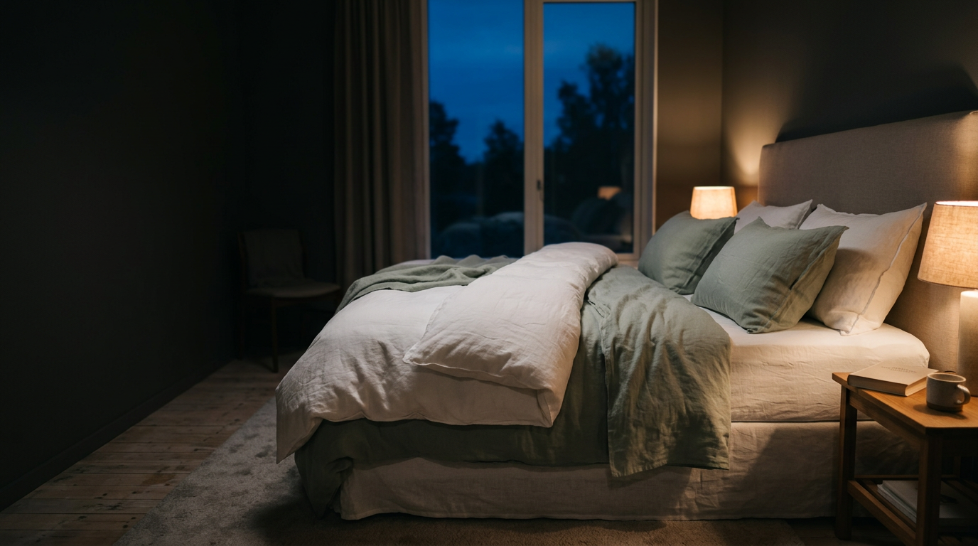 Cosy bed with sage linen in a softly lamp-lit bedroom at night