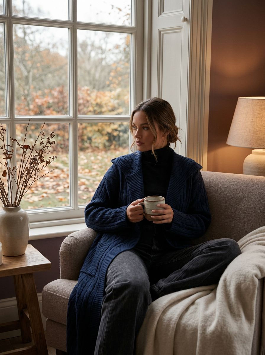 Woman by a window holding a coffee mug, wearing a navy longline cable knit hooded cardigan