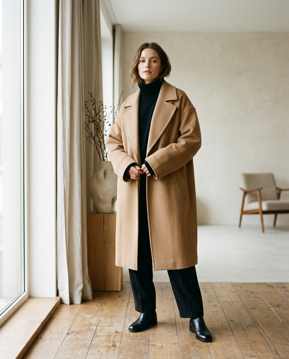 Woman in an oversized camel wool coat in a bright apartment