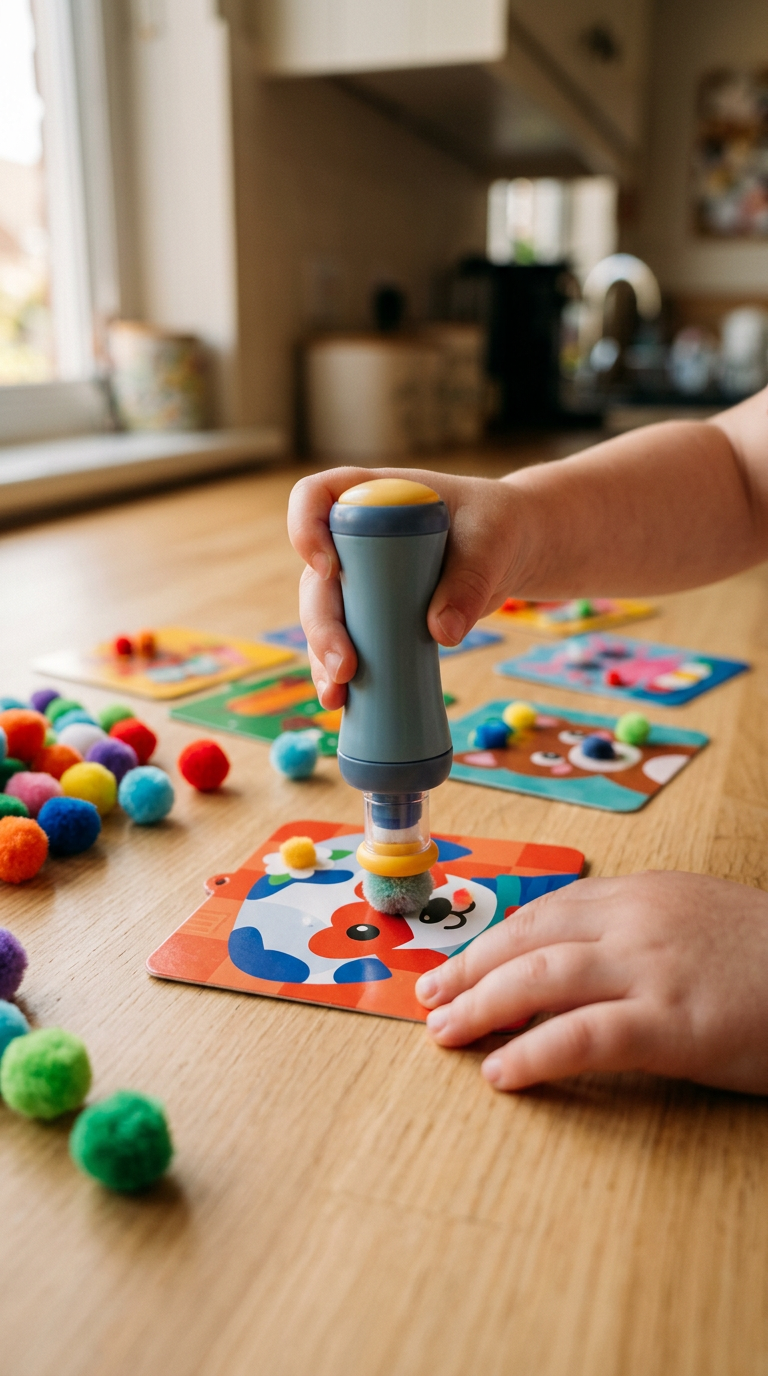 Mâini de copil apasă instrumentul Pom Pom Master pe un cartonaș cu animăluț, printre pompoane colorate