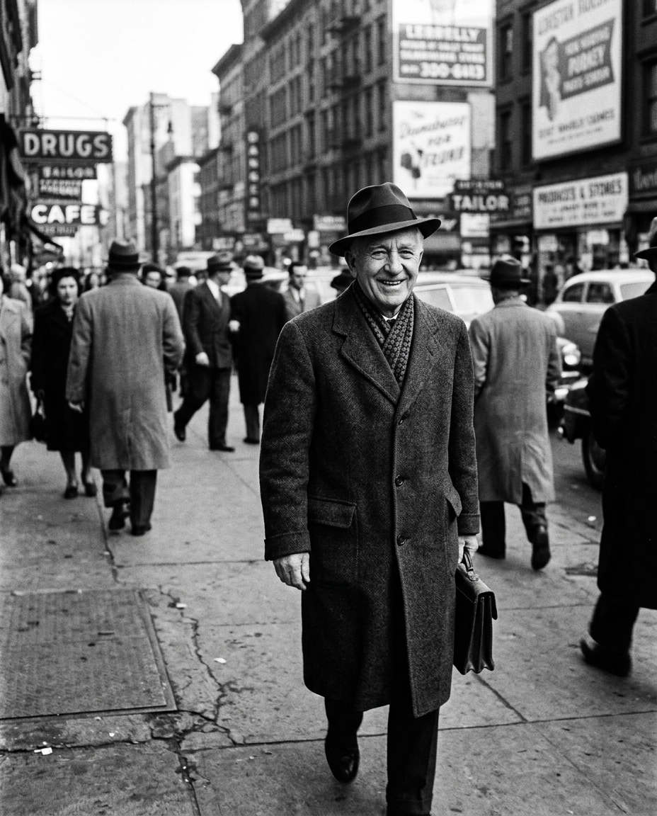 Black and white street portrait of a smiling man in a fedora