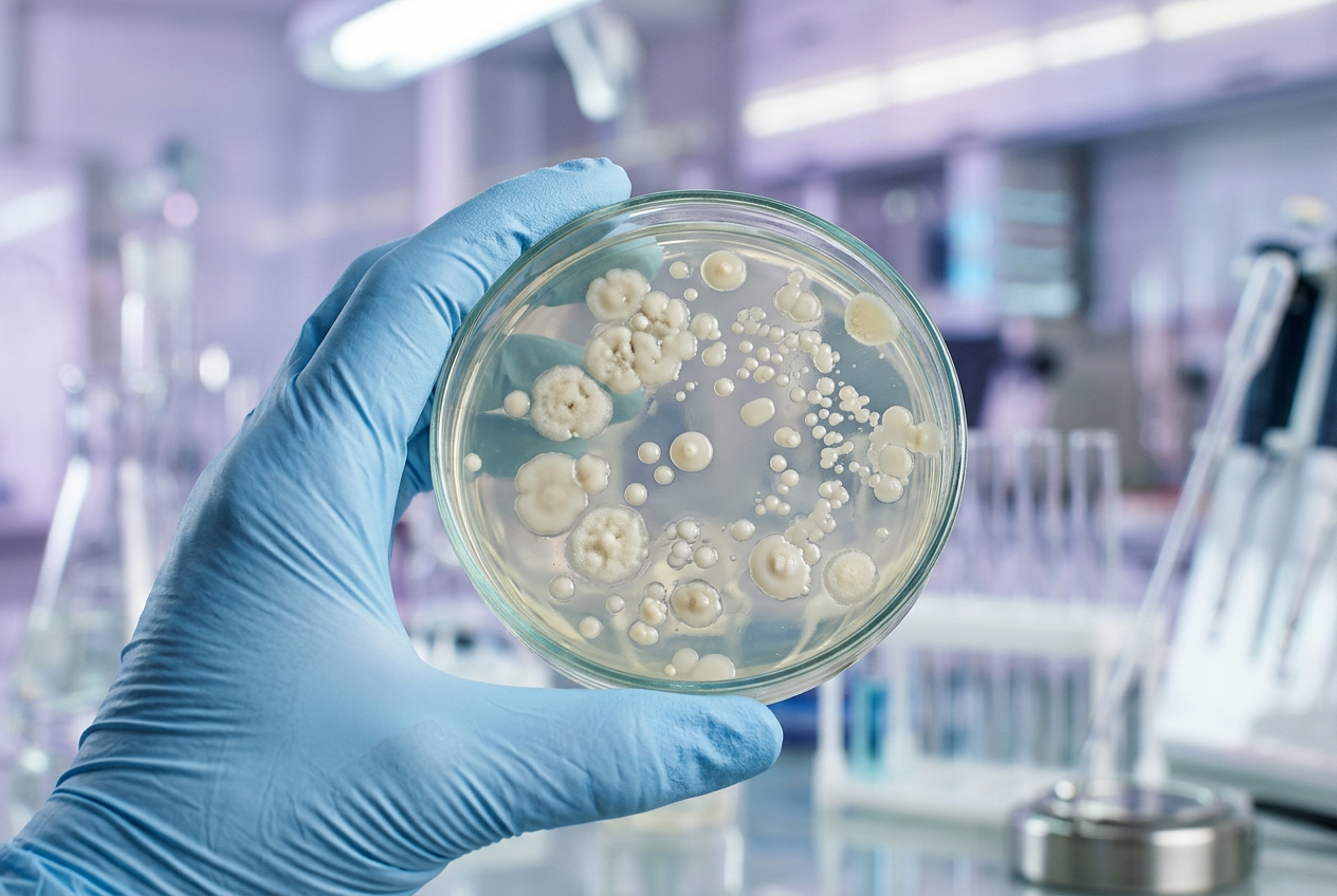 Piastra di Petri con colonie di probiotici in laboratorio