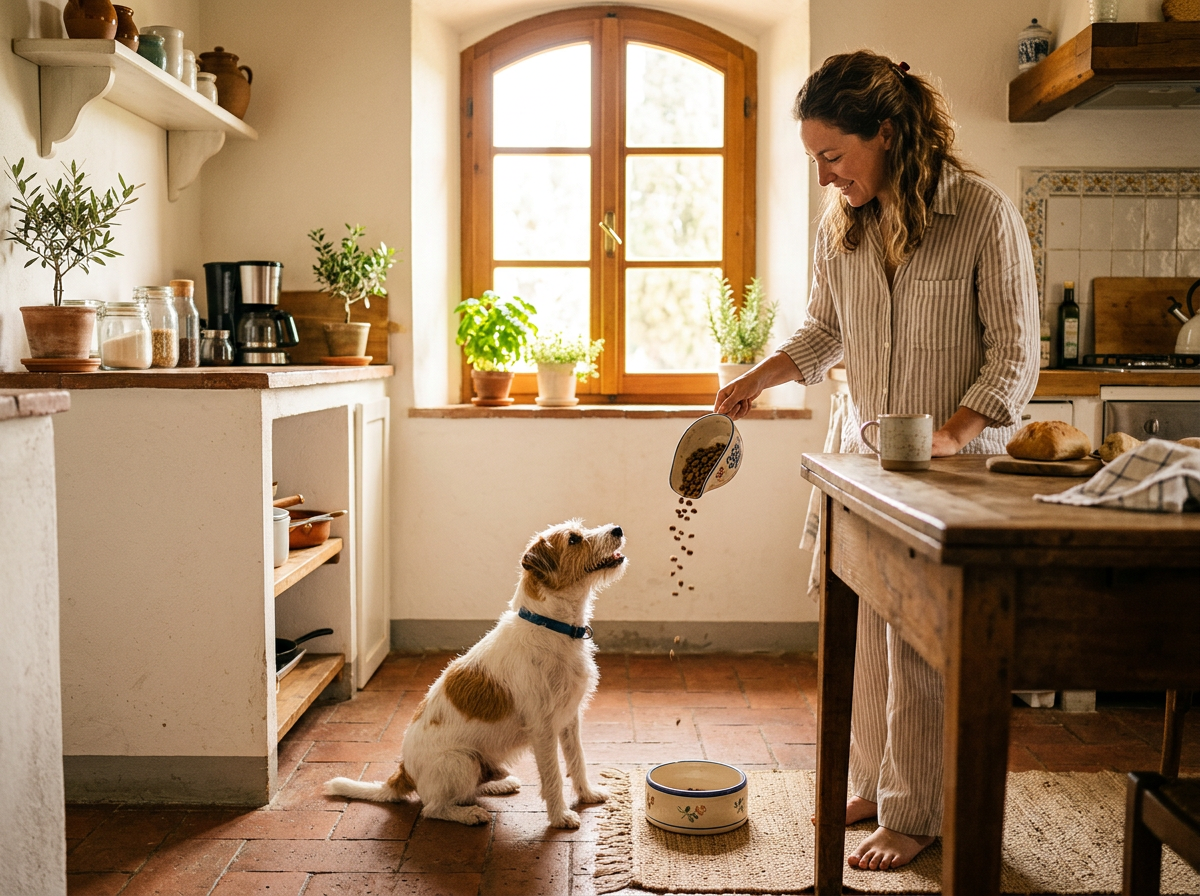 Jack russell seduto accanto al padrone durante la colazione