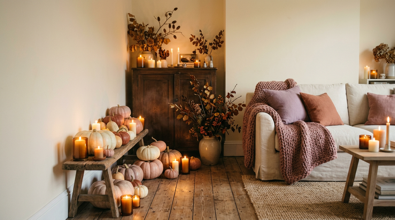 Candlelit living room with cream and blush pumpkins and a dusty rose knit throw