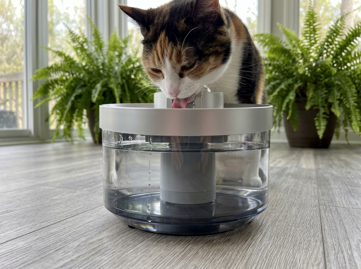 Customer photo: a calico cat lapping fresh water from the cordless Meowsy fountain in a bright sunroom, its clear tank full of water